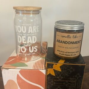 New in box coworker leaving gift candle coffee glass